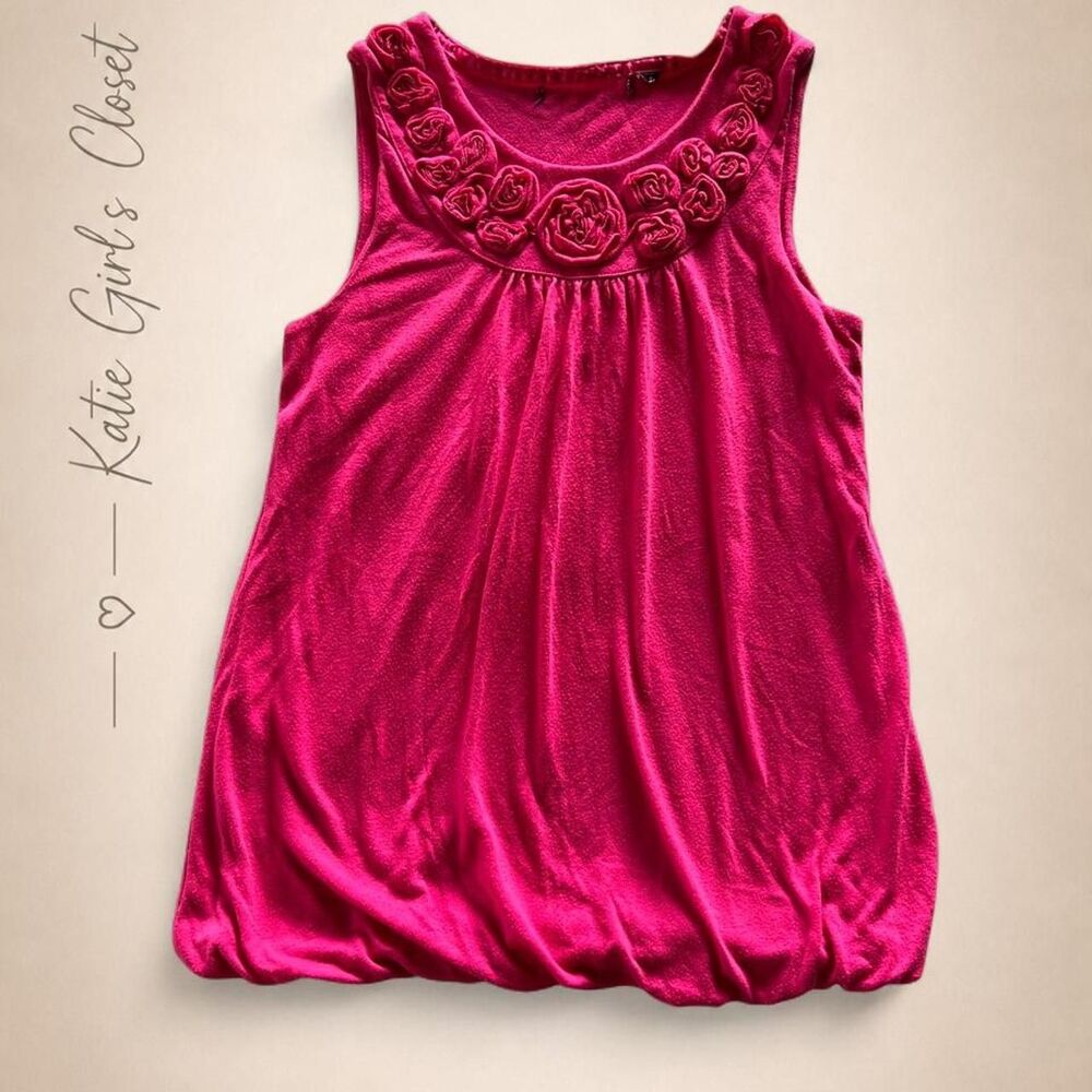 Hot Pink Rosette Bubble Hem Tank Top Soft Sleeveless Shirt